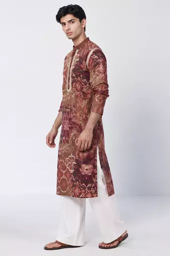 Mocha brown printed crepe and chanderi silk kurta pant set