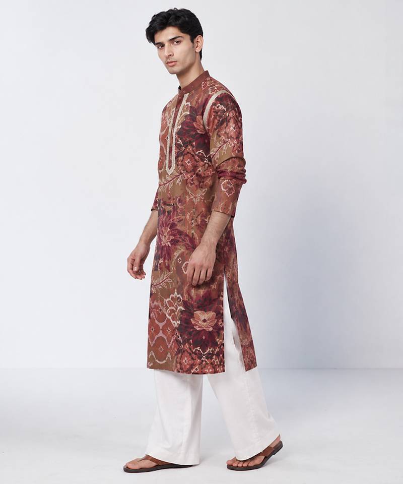 Mocha brown printed crepe and chanderi silk kurta pant set