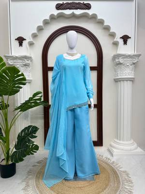 Sky blue faux georgette embroidered suit with bootcut palazzo 1