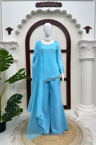 Sky blue faux georgette embroidered suit with bootcut palazzo
