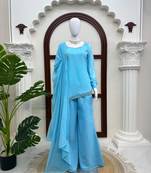 Sky blue faux georgette embroidered suit with bootcut palazzo