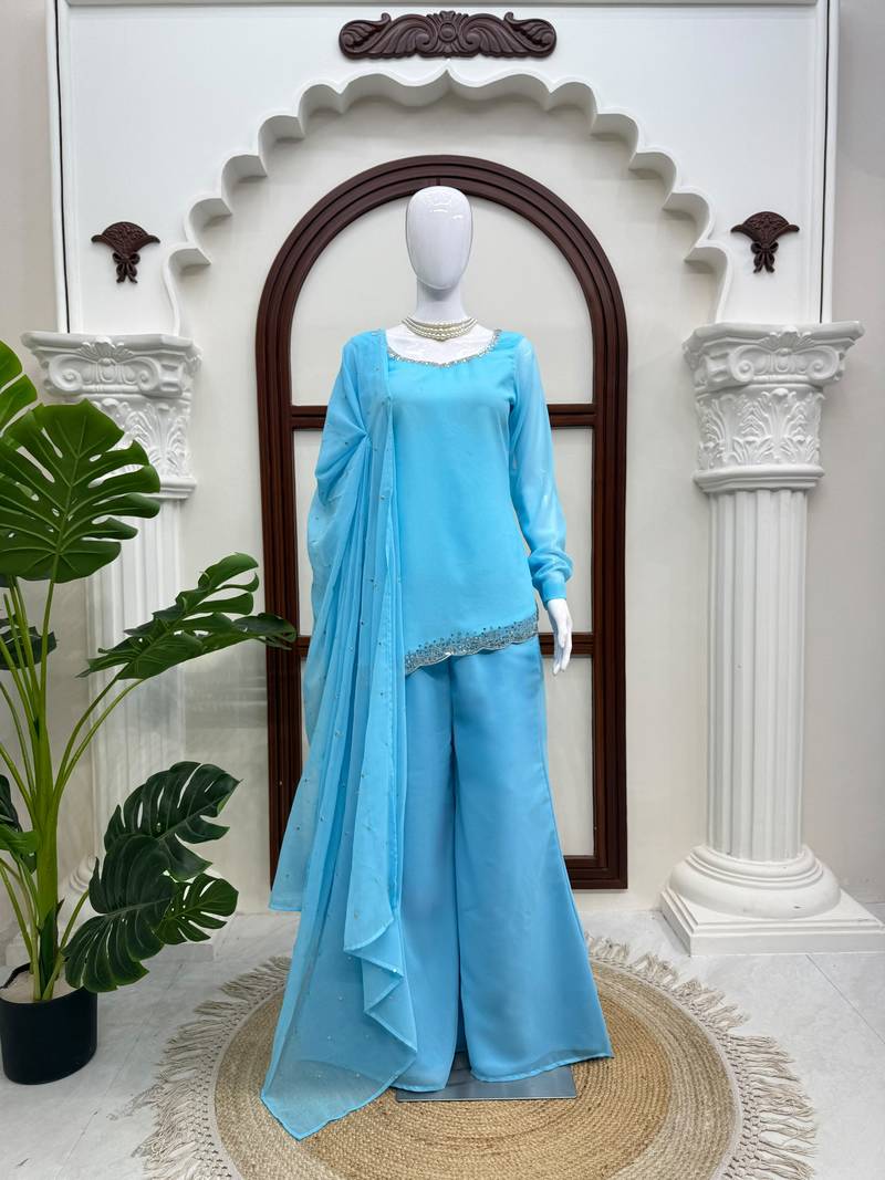 Sky blue faux georgette embroidered suit with bootcut palazzo