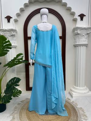 Sky blue faux georgette embroidered suit with bootcut palazzo 2