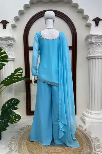Sky blue faux georgette embroidered suit with bootcut palazzo