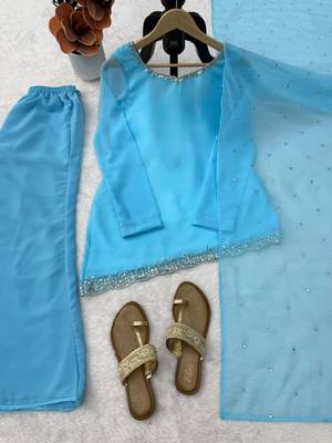 Sky blue faux georgette embroidered suit with bootcut palazzo 3