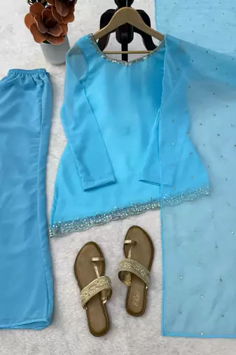Sky blue faux georgette embroidered suit with bootcut palazzo