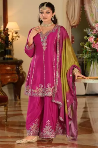 Rani pink chinon embroidered top palazzo suit set