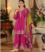 Rani pink chinon embroidered top palazzo suit set
