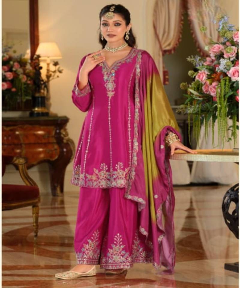 Rani pink chinon embroidered top palazzo suit set
