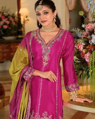 Rani pink chinon embroidered top palazzo suit set 2