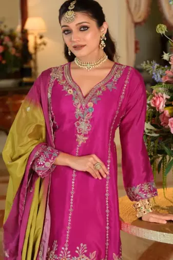 Rani pink chinon embroidered top palazzo suit set