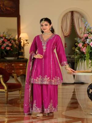 Rani pink chinon embroidered top palazzo suit set 3