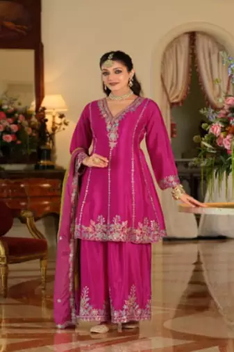 Rani pink chinon embroidered top palazzo suit set
