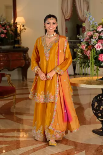 Yellow chinon embroidered top palazzo suit set