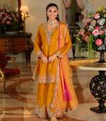 Yellow chinon embroidered top palazzo suit set