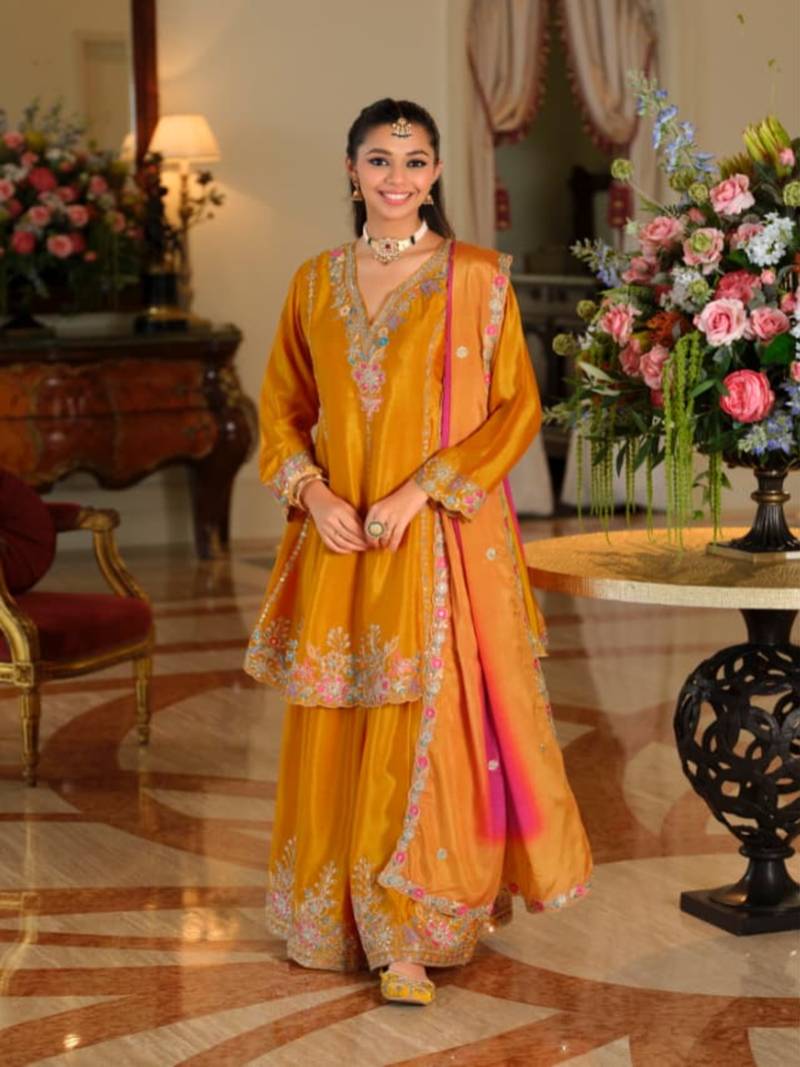 Yellow chinon embroidered top palazzo suit set
