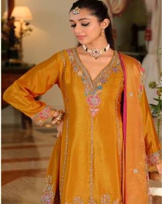 Yellow chinon embroidered top palazzo suit set 2