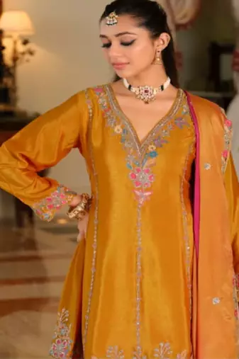 Yellow chinon embroidered top palazzo suit set