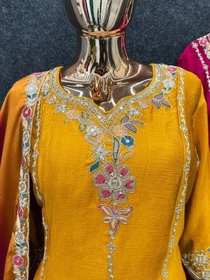 Yellow chinon embroidered top palazzo suit set 3