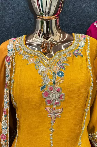 Yellow chinon embroidered top palazzo suit set