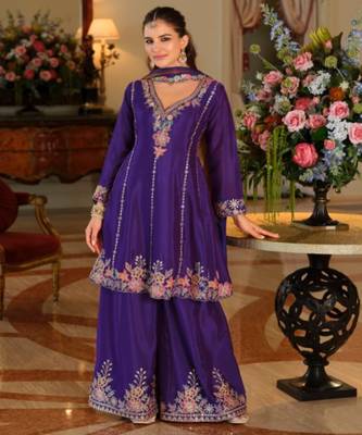 Purple chinon embroidered top palazzo suit set 1