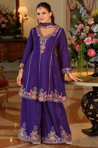 Purple chinon embroidered top palazzo suit set