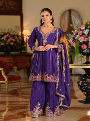Purple chinon embroidered top palazzo suit set 2