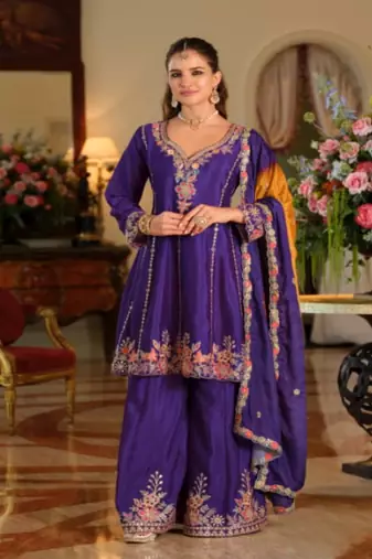 Purple chinon embroidered top palazzo suit set