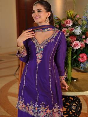 Purple chinon embroidered top palazzo suit set 3