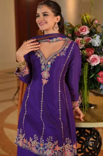 Purple chinon embroidered top palazzo suit set