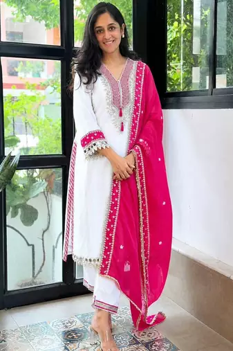 White pure chinon mirror work top pant suit