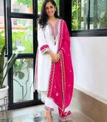 White pure chinon mirror work top pant suit