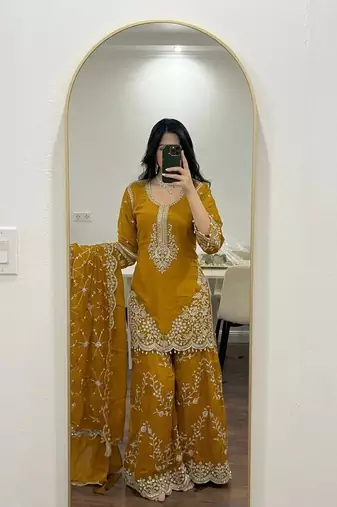 Yellow georgette heavy embroidered palazzo suit set