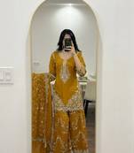 Yellow georgette heavy embroidered palazzo suit set