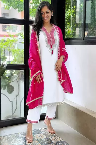 White pure chinon mirror work top pant suit