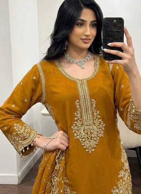Yellow georgette heavy embroidered palazzo suit set 2