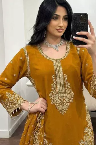 Yellow georgette heavy embroidered palazzo suit set