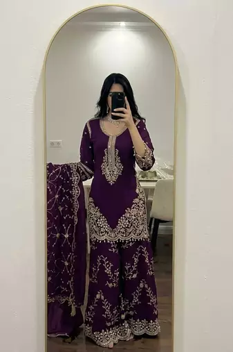 Deep purple georgette heavy embroidered palazzo suit set