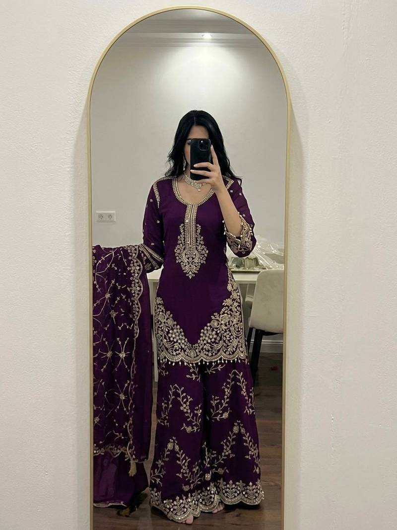 Deep purple georgette heavy embroidered palazzo suit set