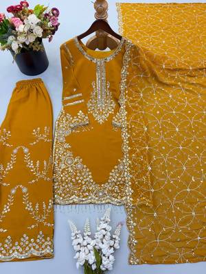 Yellow georgette heavy embroidered palazzo suit set 3