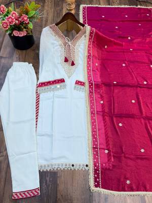White pure chinon mirror work top pant suit 3