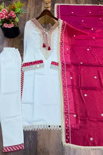 White pure chinon mirror work top pant suit
