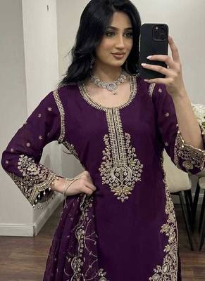 Deep purple georgette heavy embroidered palazzo suit set 2