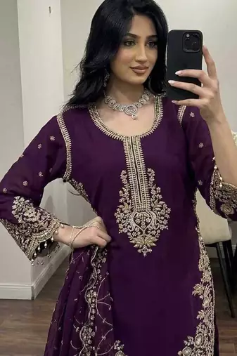 Deep purple georgette heavy embroidered palazzo suit set