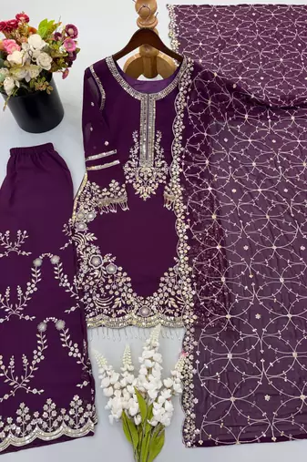 Deep purple georgette heavy embroidered palazzo suit set