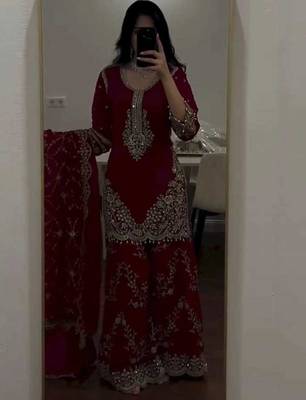 Wine maroon georgette heavy embroidered palazzo suit set 1
