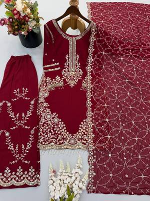 Wine maroon georgette heavy embroidered palazzo suit set 3