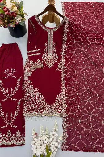 Wine maroon georgette heavy embroidered palazzo suit set