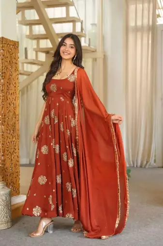 Orange doremon crush embroidered gown pant set