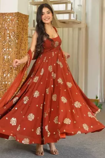 Orange doremon crush embroidered gown pant set